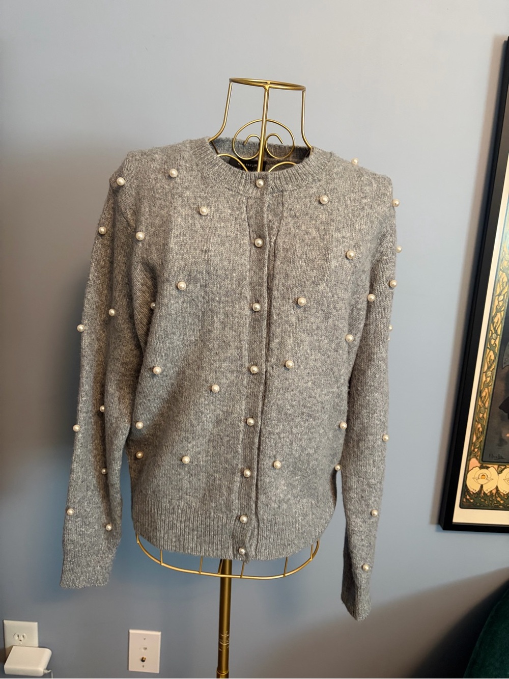 Anne Taylor Pearl-Embellished Gray Crewneck Sweater